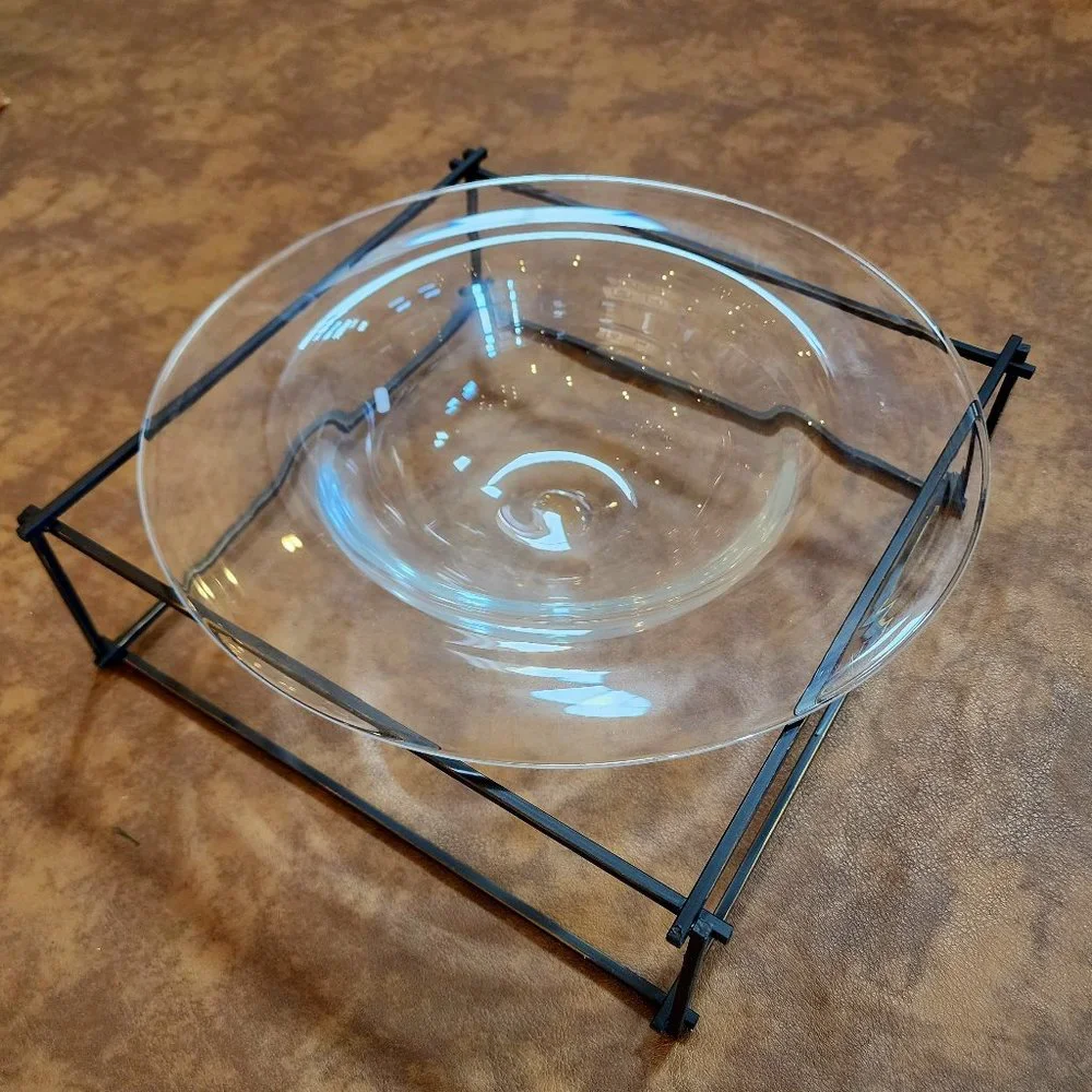 1998 NIB TWIG BOWL Center Piece Serving Handblown Glass Bowl Square Metal Frame